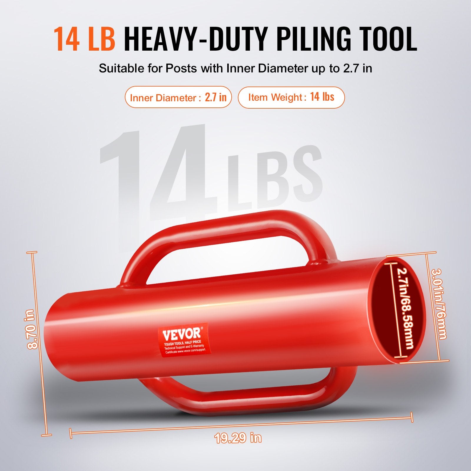 Fence Post Driver with Handles, 2.7 in Inner Diameter T Post Pole Pounder, 14LB Heavy Duty Carbon Steel Hand V952-WLDZQ27INCH1W6YQMV0