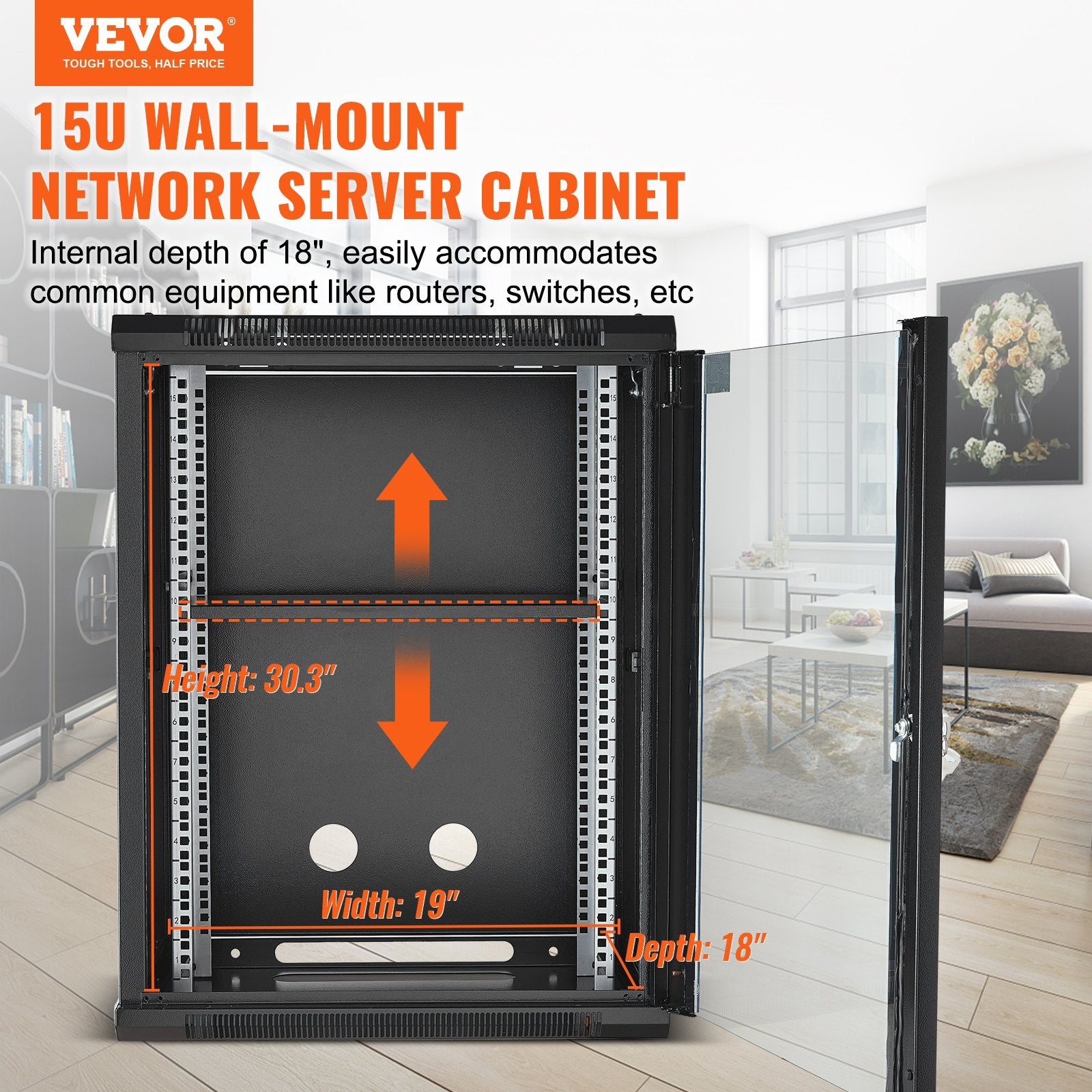 15U Wall Mount Network Cabinet, 226.8 kg Max. Ground Load Capacity, Server Rack Cabinet Enclosure with V952-WLJJ15UW155GJOIJAV0
