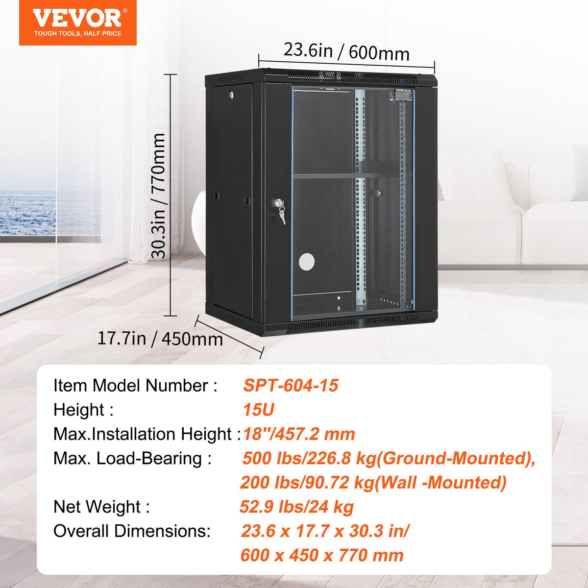 15U Wall Mount Network Cabinet, 226.8 kg Max. Ground Load Capacity, Server Rack Cabinet Enclosure with V952-WLJJ15UW155GJOIJAV0