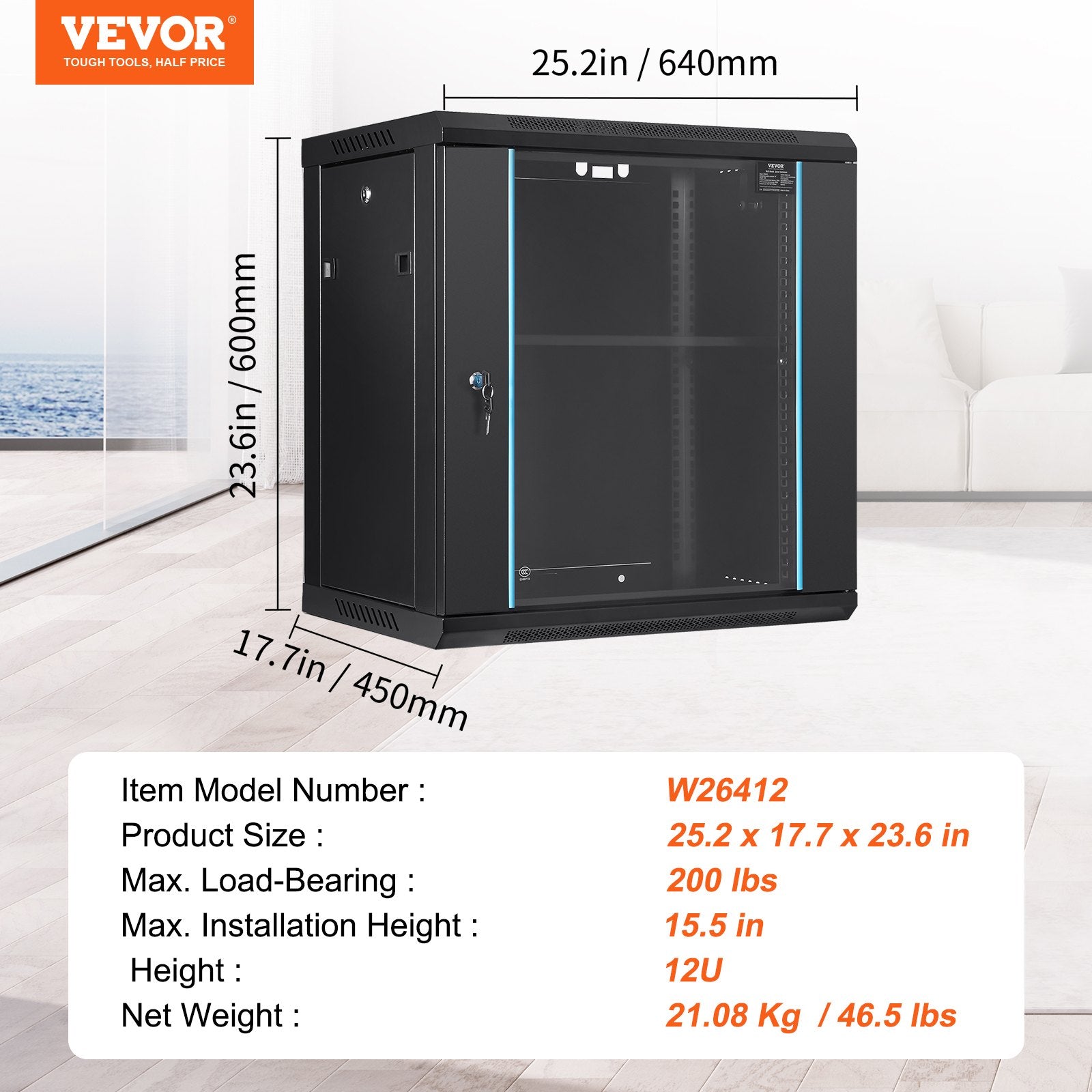 Wall Mount Network Server Cabinet, 393.7 mm Deep, Server Rack Cabinet Enclosure, 90.72 kg Max. Ground-mounted V952-WLJJGHB12U155L3S8V0