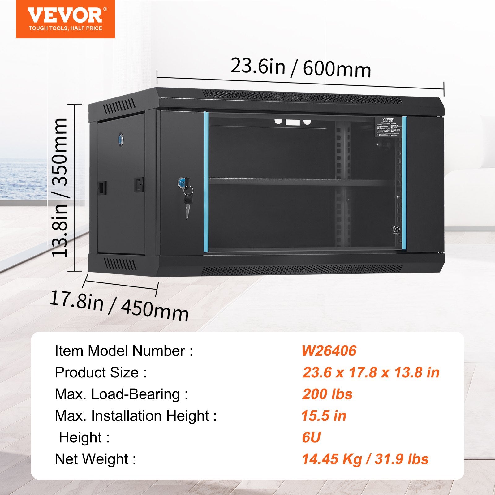 6U Wall Mount Network Server Cabinet, 15.5'' Deep, Server Rack Cabinet Enclosure, 200 lbs Max. Ground-mounted V952-WLJJGHBL6U1556GI7V0