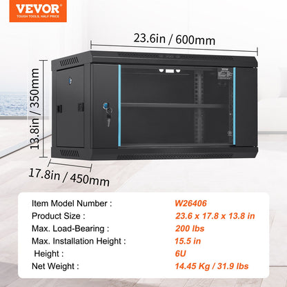 6U Wall Mount Network Server Cabinet, 15.5'' Deep, Server Rack Cabinet Enclosure, 200 lbs Max. Ground-mounted V952-WLJJGHBL6U1556GI7V0