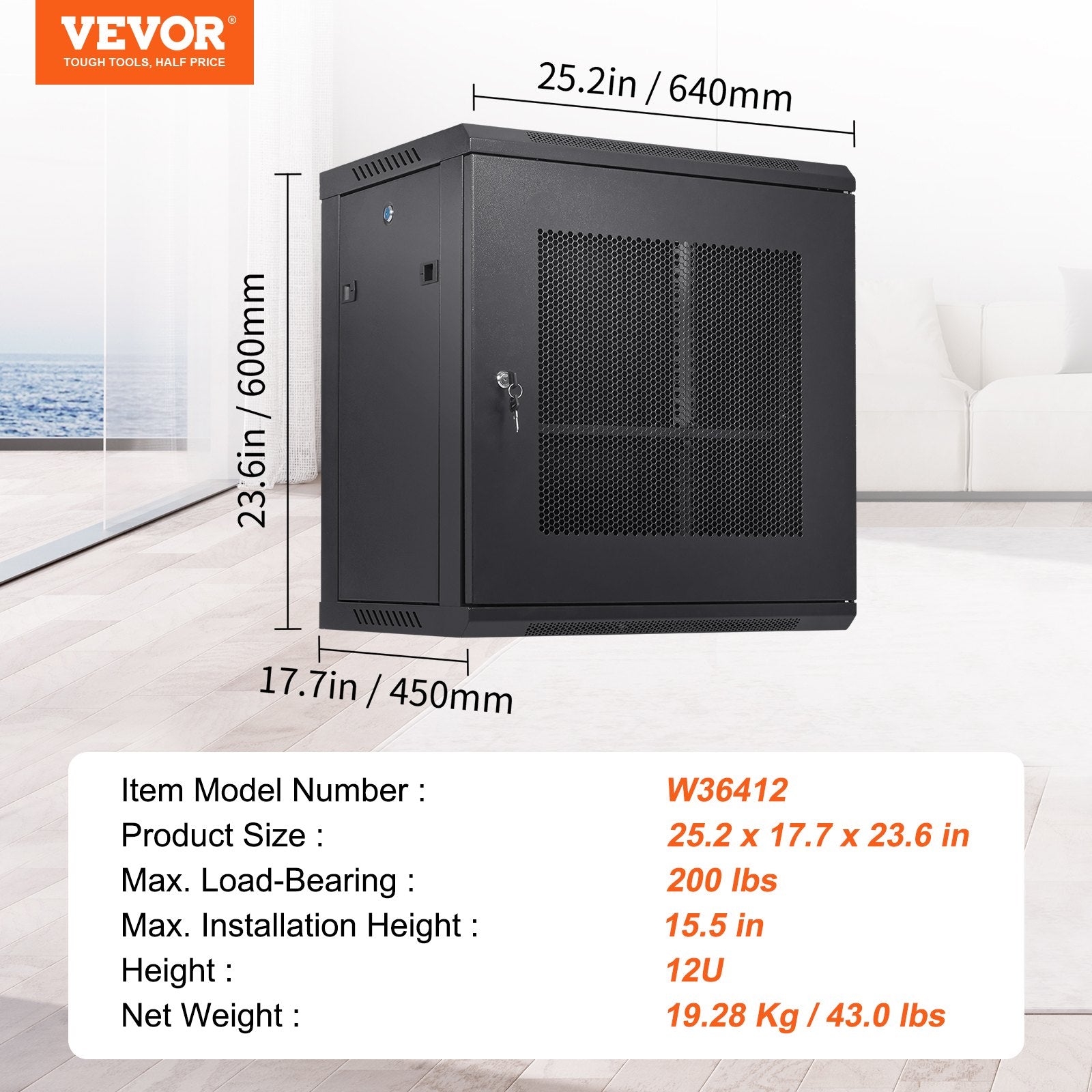 12U Wall Mount Network Server Cabinet, 15.5'' Deep, Server Rack Cabinet Enclosure, 200 lbs Max. V952-WLJJWZB12U155GP35V0