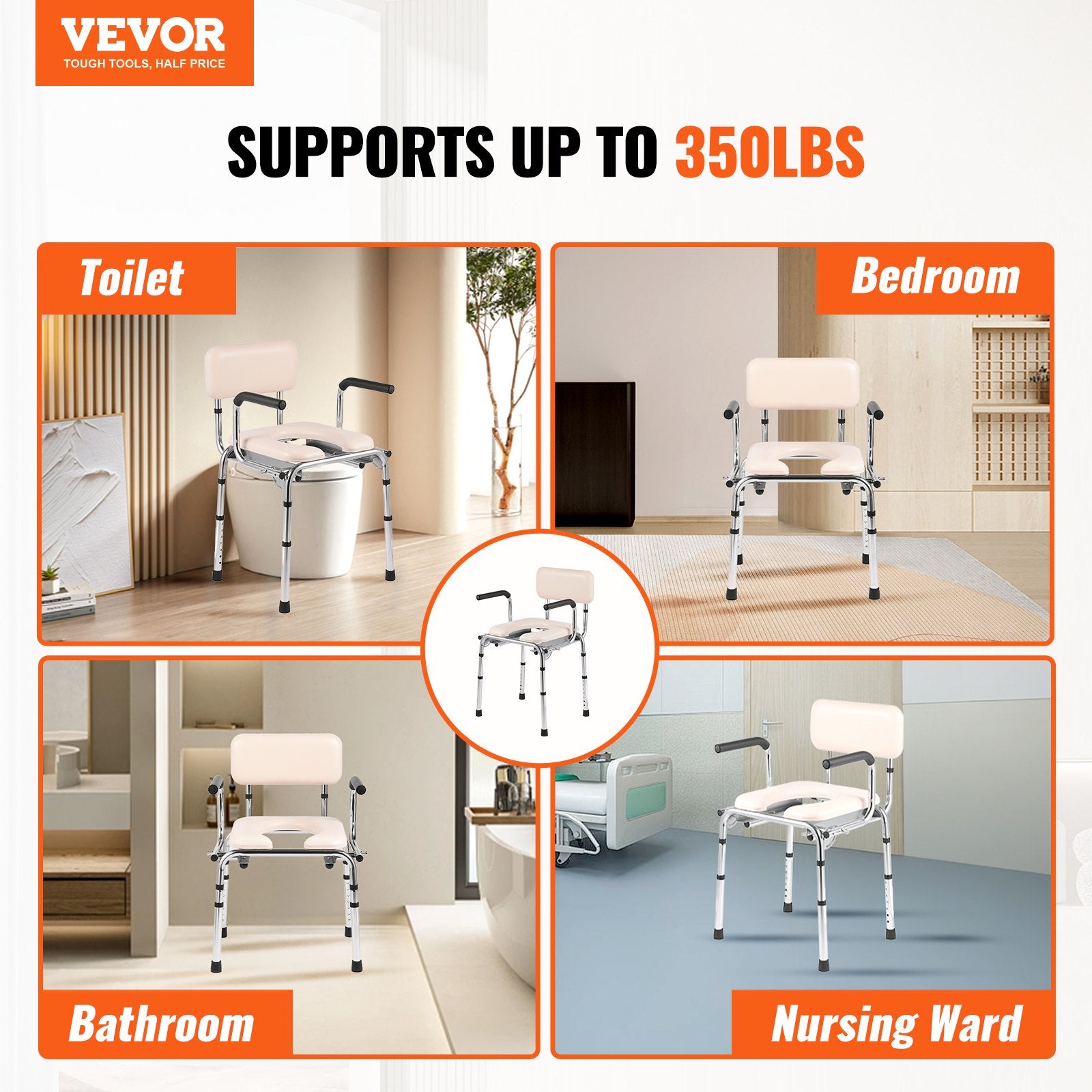 Commode Chair, Bedside Commode with Padded Seat, Drop-Down Arms, 7-Level Adjustable Height, 5.8L Removable V952-WLKBS350BGRZ6CIGBV0