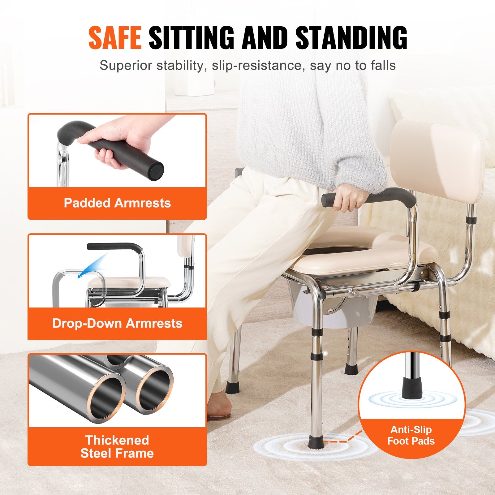 Commode Chair, Bedside Commode with Padded Seat, Drop-Down Arms, 7-Level Adjustable Height, 5.8L Removable V952-WLKBS350BGRZ6CIGBV0