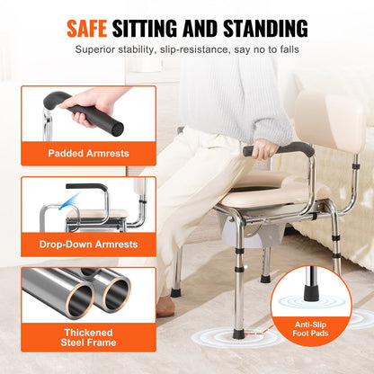 Commode Chair, Bedside Commode with Padded Seat, Drop-Down Arms, 7-Level Adjustable Height, 5.8L Removable V952-WLKBS350BGRZ6CIGBV0