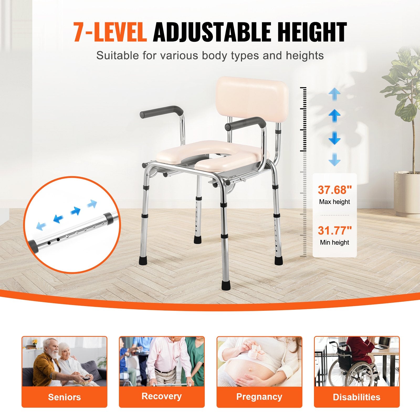 Commode Chair, Bedside Commode with Padded Seat, Drop-Down Arms, 7-Level Adjustable Height, 5.8L Removable V952-WLKBS350BGRZ6CIGBV0