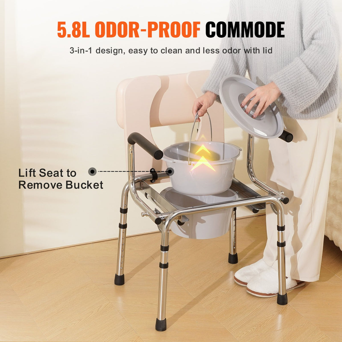 Commode Chair, Bedside Commode with Padded Seat, Drop-Down Arms, 7-Level Adjustable Height, 5.8L Removable V952-WLKBS350BGRZ6CIGBV0