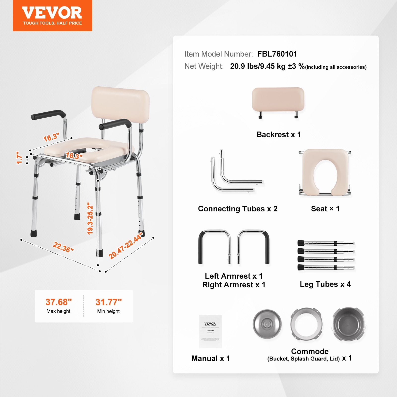Commode Chair, Bedside Commode with Padded Seat, Drop-Down Arms, 7-Level Adjustable Height, 5.8L Removable V952-WLKBS350BGRZ6CIGBV0