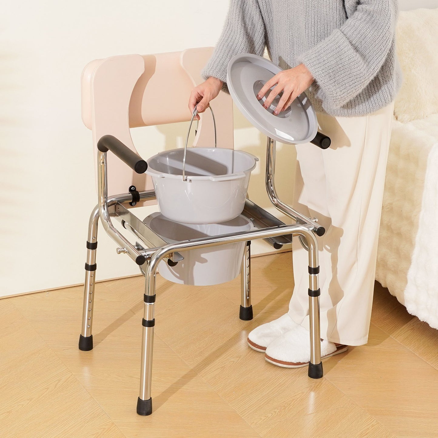Commode Chair, Bedside Commode with Padded Seat, Drop-Down Arms, 7-Level Adjustable Height, 5.8L Removable V952-WLKBS350BGRZ6CIGBV0