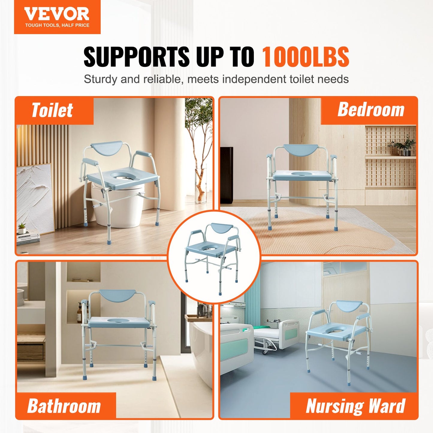 Commode Chair, Bedside Commode with Drop-Down Arms and Detachable Backrest, 5-Level Adjustable Height, 7L V952-WLKBSGYZD1009SMAXV0
