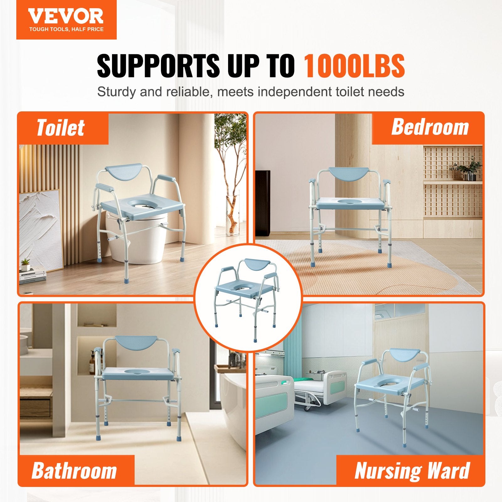 Commode Chair, Bedside Commode with Drop-Down Arms and Detachable Backrest, 5-Level Adjustable Height, 7L V952-WLKBSGYZD1009SMAXV0