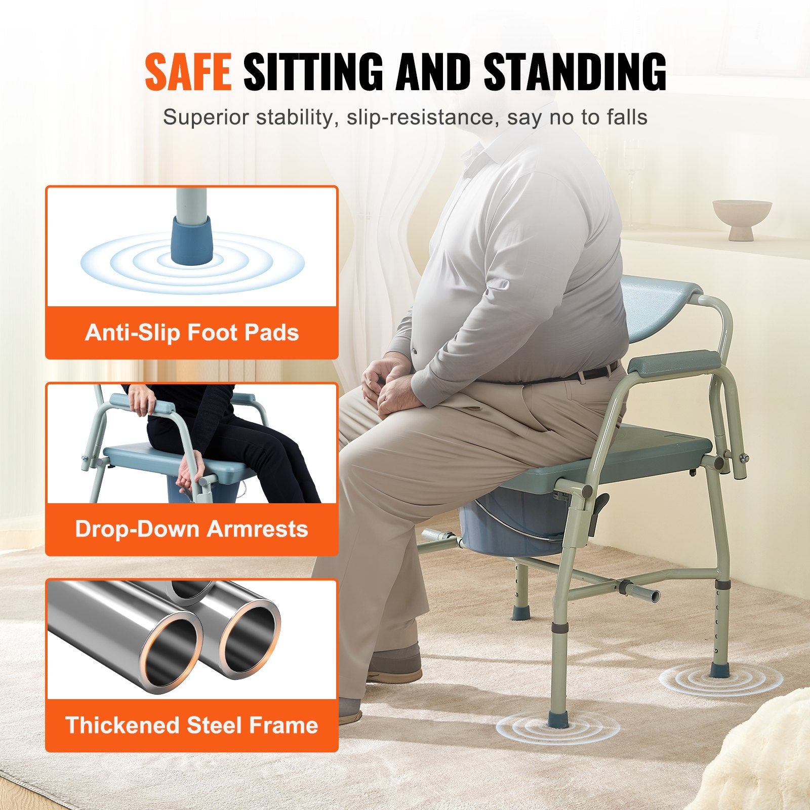 Commode Chair, Bedside Commode with Drop-Down Arms and Detachable Backrest, 5-Level Adjustable Height, 7L V952-WLKBSGYZD1009SMAXV0