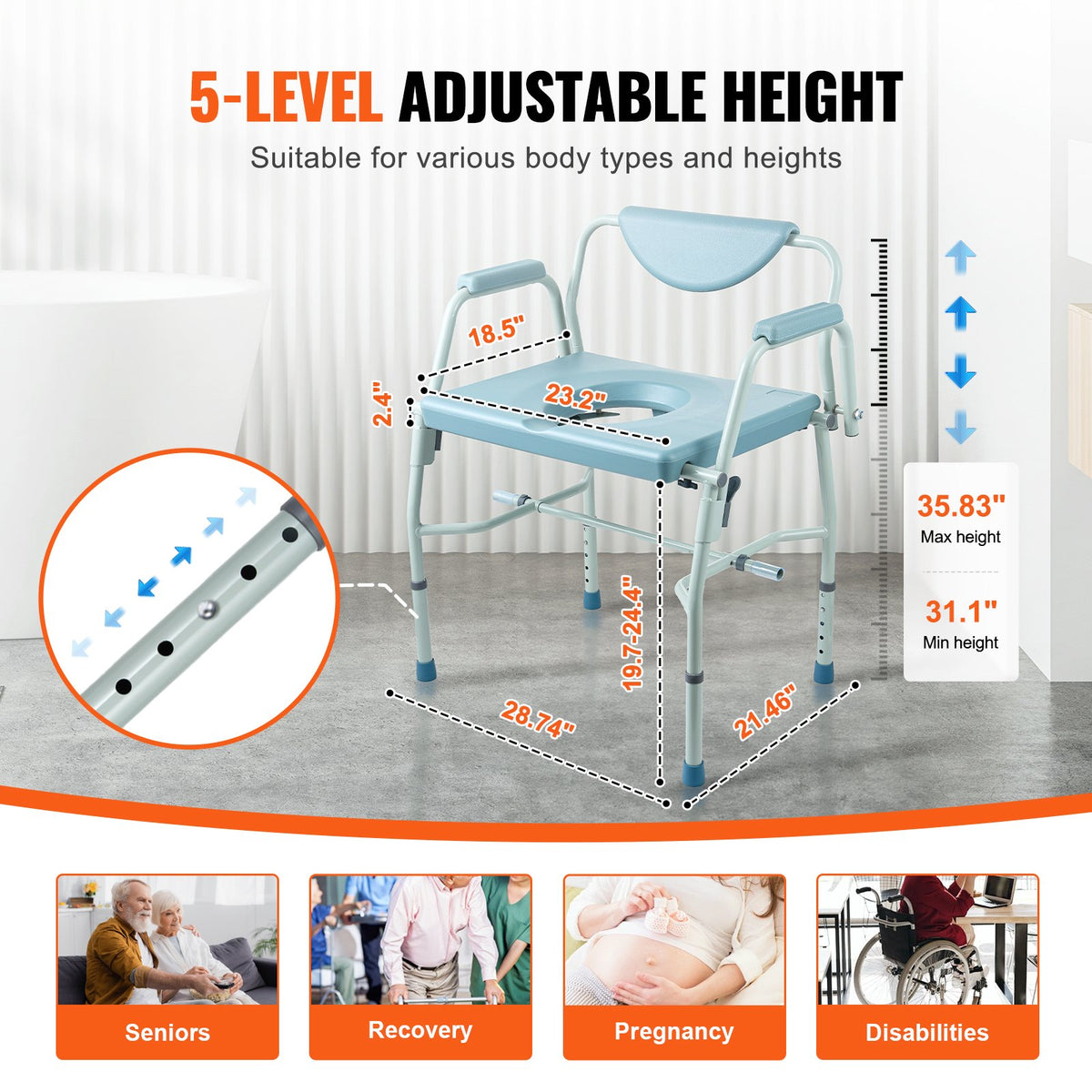 Commode Chair, Bedside Commode with Drop-Down Arms and Detachable Backrest, 5-Level Adjustable Height, 7L V952-WLKBSGYZD1009SMAXV0