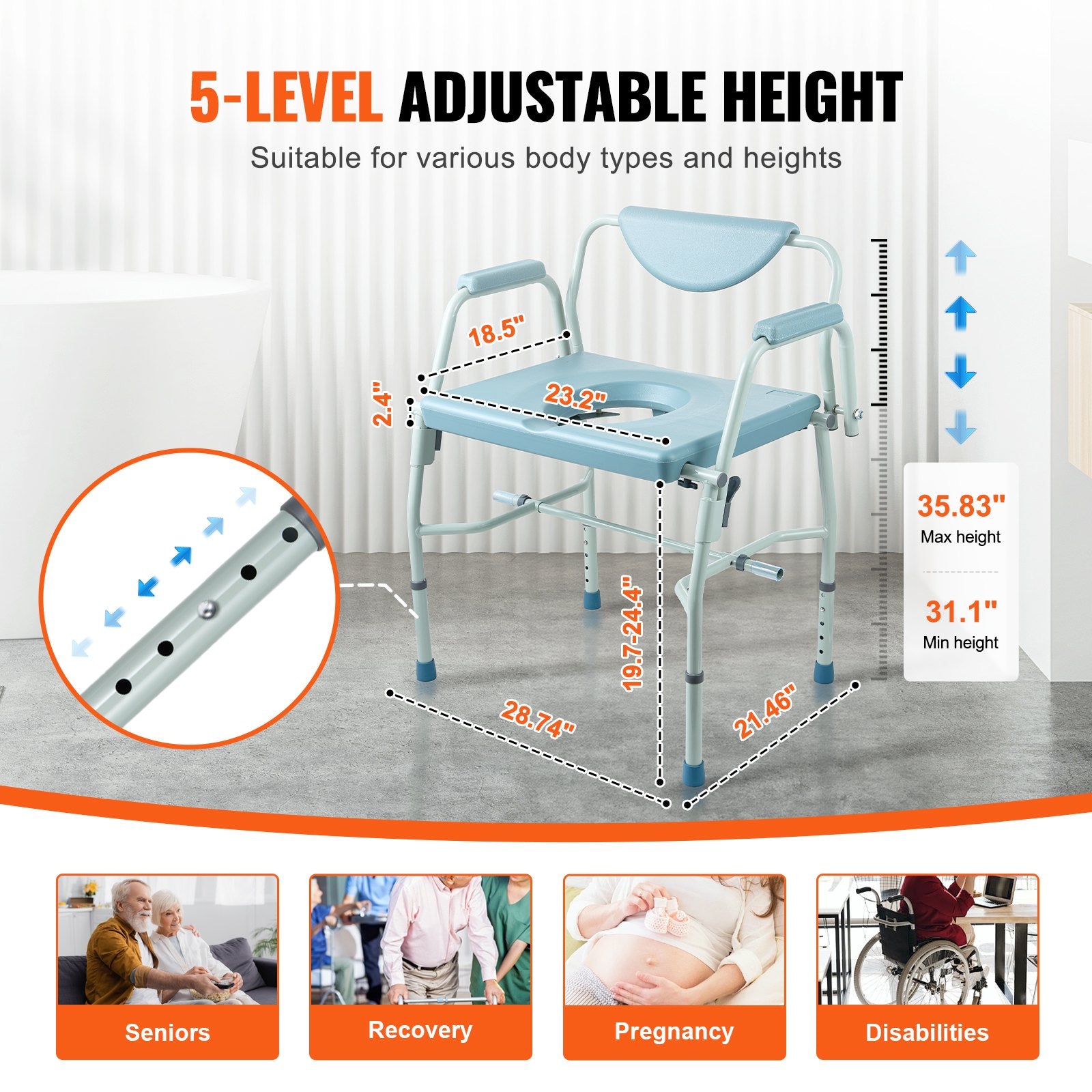 Commode Chair, Bedside Commode with Drop-Down Arms and Detachable Backrest, 5-Level Adjustable Height, 7L V952-WLKBSGYZD1009SMAXV0
