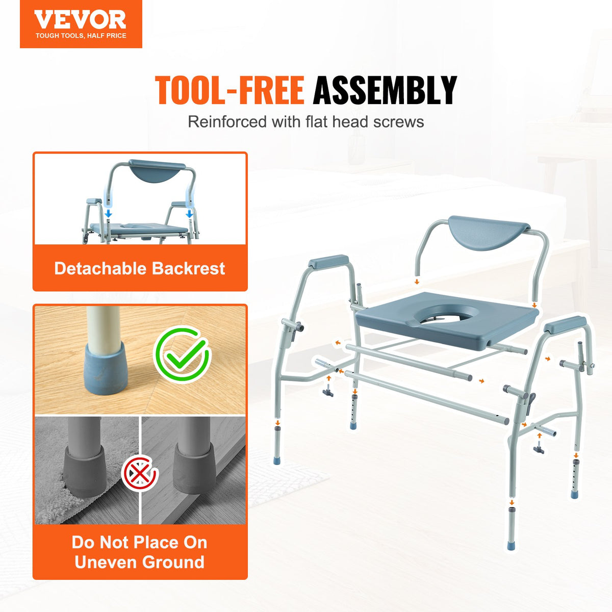 Commode Chair, Bedside Commode with Drop-Down Arms and Detachable Backrest, 5-Level Adjustable Height, 7L V952-WLKBSGYZD1009SMAXV0