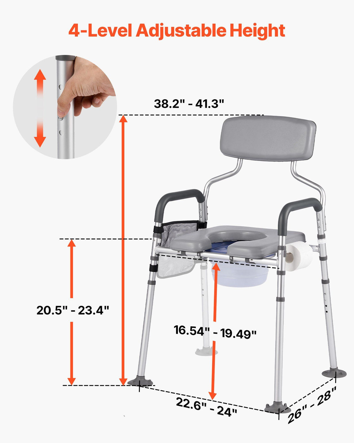 Bedside Commode Chair, 227 kg Capacity, 4-in-1 Portable Toilet and Raised Toilet Seat with Padded Seat & V952-WLKBSLRZD500Y4MTK001V0