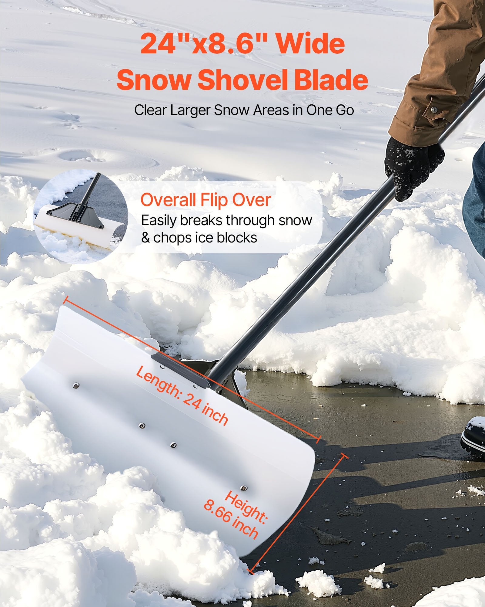 Snow Pusher Shovel, 61 cm Wide Outdoor Snowplow Shovel with Ergonomic Grip, HDPE Plastic Blade, Winter V952-WLKSL2025INC5GA89001V0