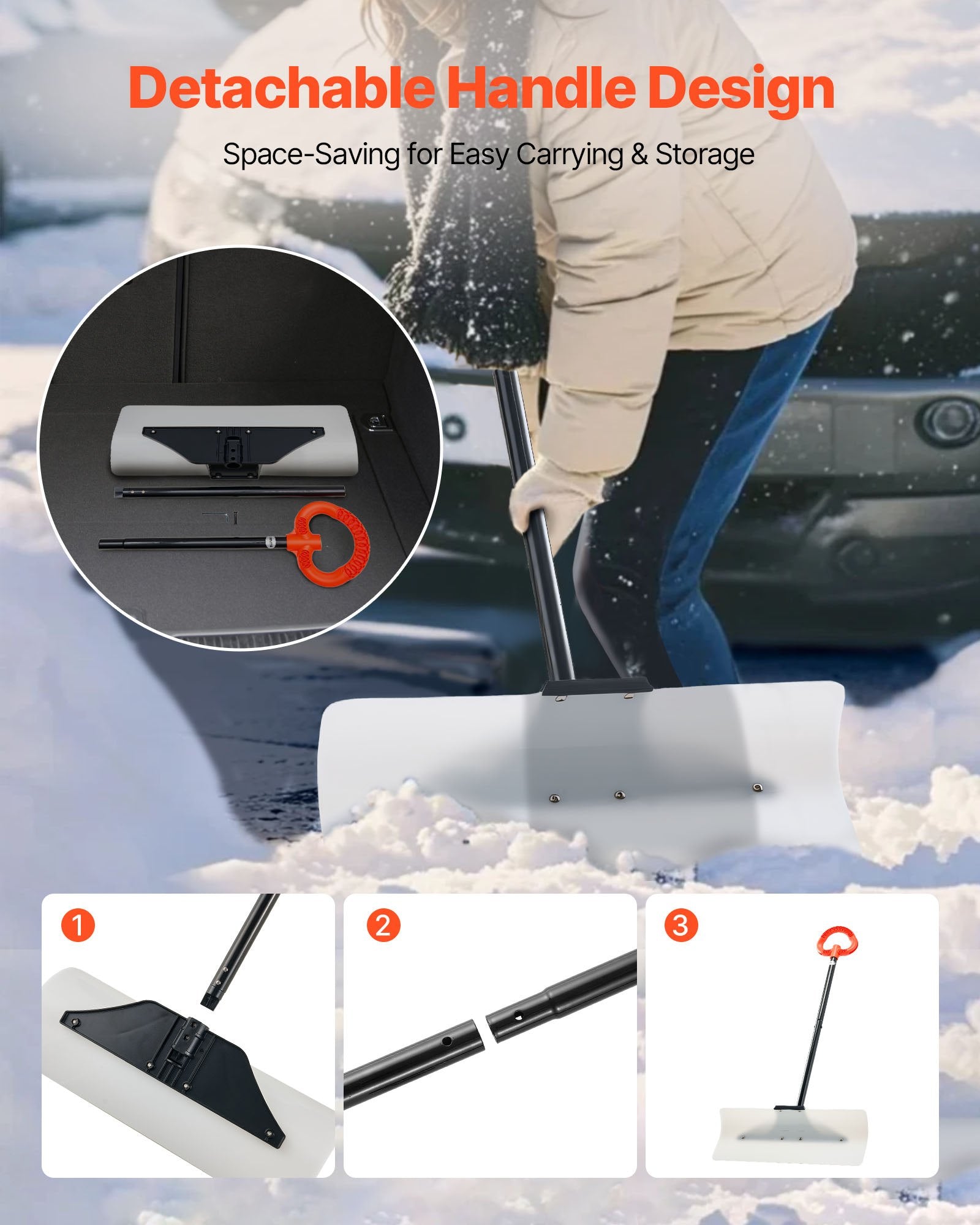 Snow Pusher Shovel, 61 cm Wide Outdoor Snowplow Shovel with Ergonomic Grip, HDPE Plastic Blade, Winter V952-WLKSL2025INC5GA89001V0