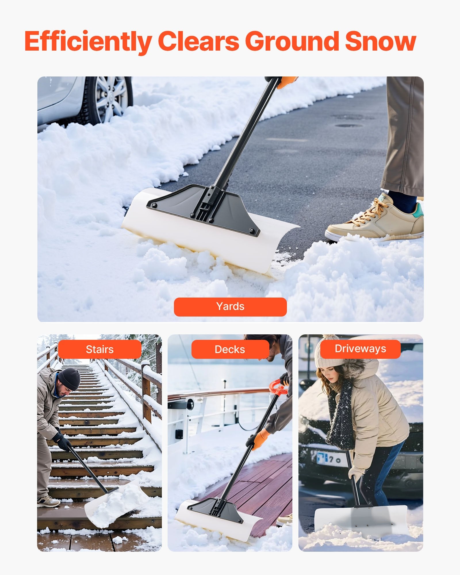 Snow Pusher Shovel, 61 cm Wide Outdoor Snowplow Shovel with Ergonomic Grip, HDPE Plastic Blade, Winter V952-WLKSL2025INC5GA89001V0