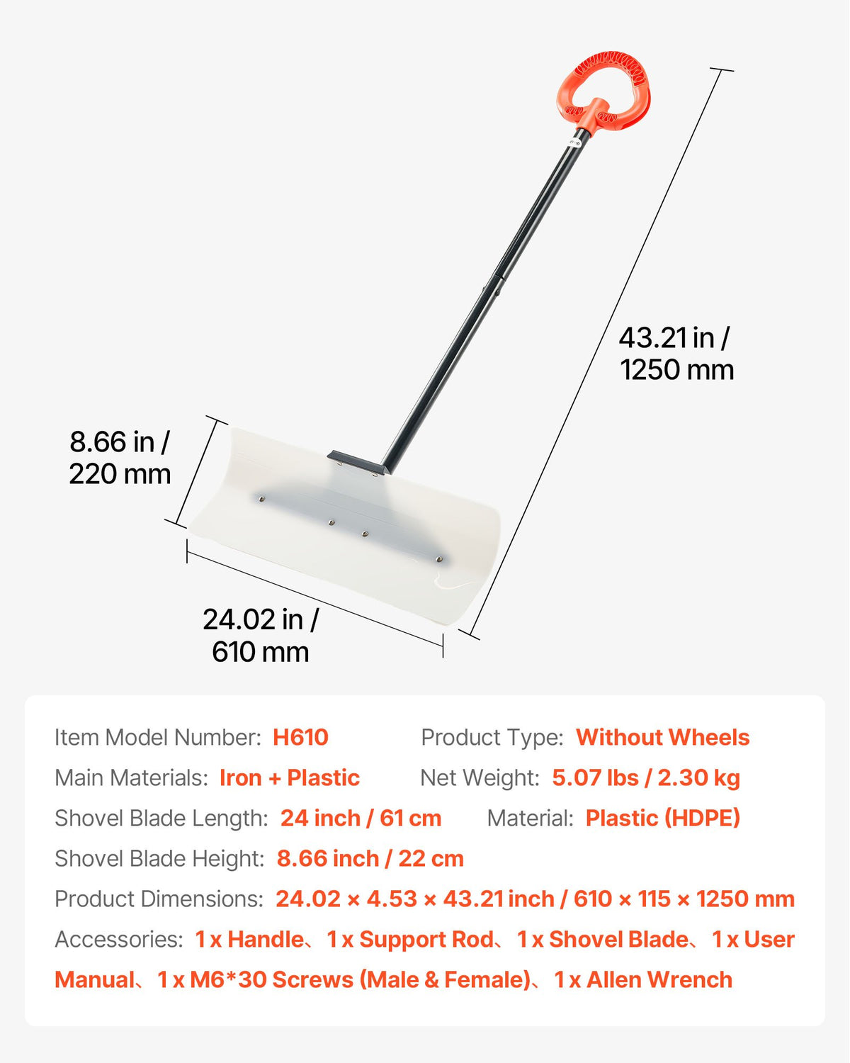 Snow Pusher Shovel, 61 cm Wide Outdoor Snowplow Shovel with Ergonomic Grip, HDPE Plastic Blade, Winter V952-WLKSL2025INC5GA89001V0