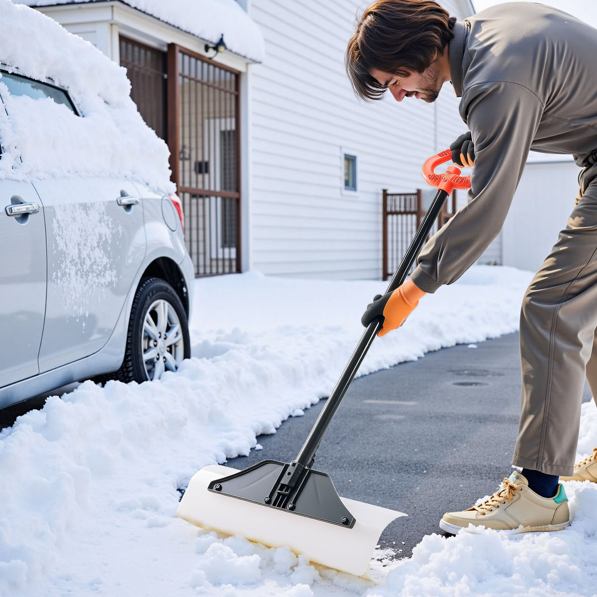 Snow Pusher Shovel, 61 cm Wide Outdoor Snowplow Shovel with Ergonomic Grip, HDPE Plastic Blade, Winter V952-WLKSL2025INC5GA89001V0