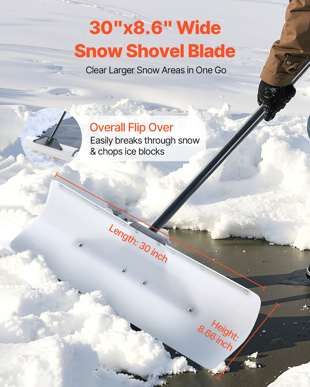 Snow Pusher Shovel, 76.2 cm Outdoor Snowplow Shovel with Ergonomic Grip, HDPE Plastic Blade, Winter Shovels V952-WLKSL3035INC7ZY9Y001V0