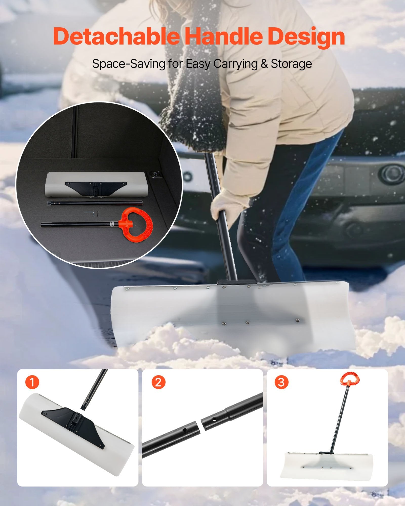 Snow Pusher Shovel, 76.2 cm Outdoor Snowplow Shovel with Ergonomic Grip, HDPE Plastic Blade, Winter Shovels V952-WLKSL3035INC7ZY9Y001V0