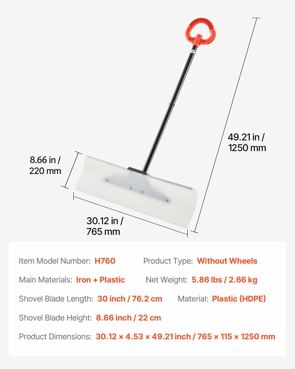 Snow Pusher Shovel, 76.2 cm Outdoor Snowplow Shovel with Ergonomic Grip, HDPE Plastic Blade, Winter Shovels V952-WLKSL3035INC7ZY9Y001V0