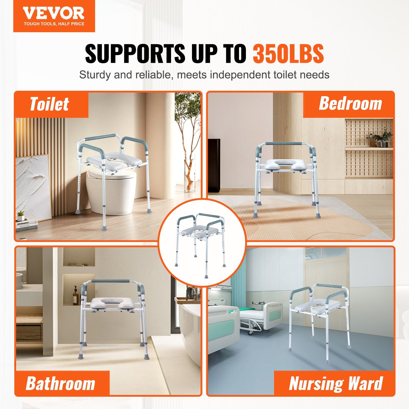 Commode Chair, Bedside Commode with Padded Seat and Arms, 7-Level Adjustable Height, 5.8L Removable Bucket, V952-WLLGS350BLRZ8J6E0V0