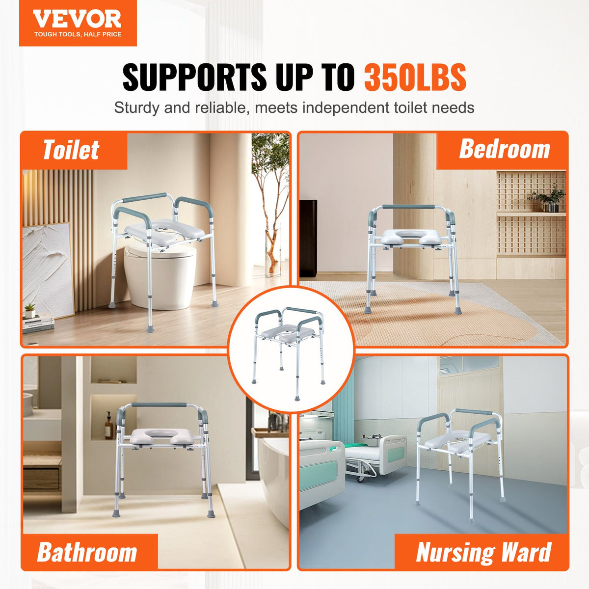 Commode Chair, Bedside Commode with Padded Seat and Arms, 7-Level Adjustable Height, 5.8L Removable Bucket, V952-WLLGS350BLRZ8J6E0V0