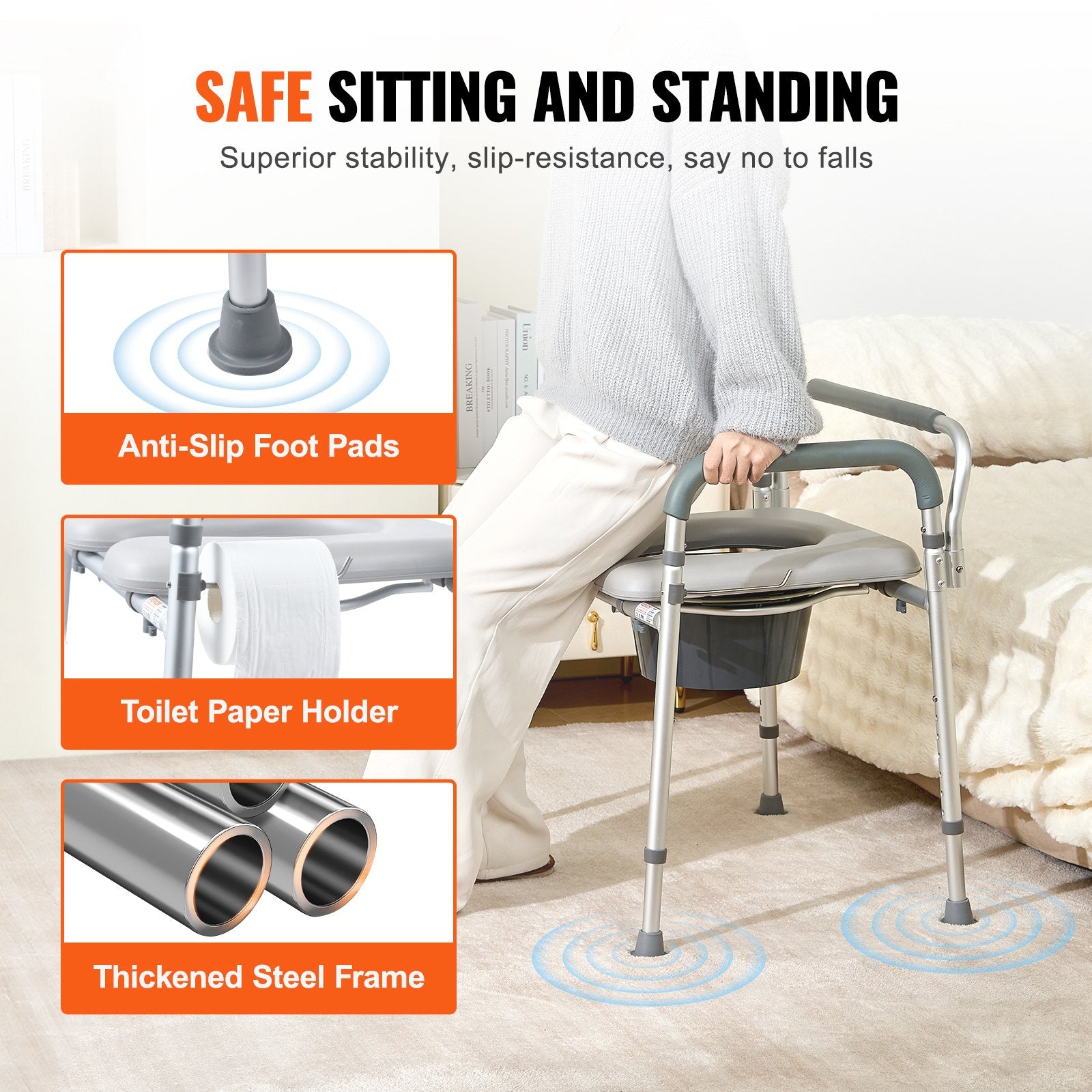 Commode Chair, Bedside Commode with Padded Seat and Arms, 7-Level Adjustable Height, 5.8L Removable Bucket, V952-WLLGS350BLRZ8J6E0V0