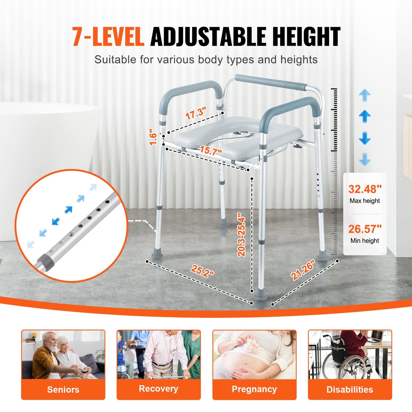 Commode Chair, Bedside Commode with Padded Seat and Arms, 7-Level Adjustable Height, 5.8L Removable Bucket, V952-WLLGS350BLRZ8J6E0V0