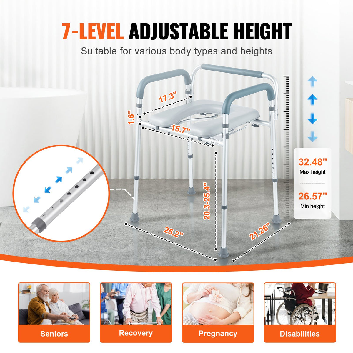 Commode Chair, Bedside Commode with Padded Seat and Arms, 7-Level Adjustable Height, 5.8L Removable Bucket, V952-WLLGS350BLRZ8J6E0V0