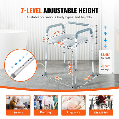 Commode Chair, Bedside Commode with Padded Seat and Arms, 7-Level Adjustable Height, 5.8L Removable Bucket, V952-WLLGS350BLRZ8J6E0V0