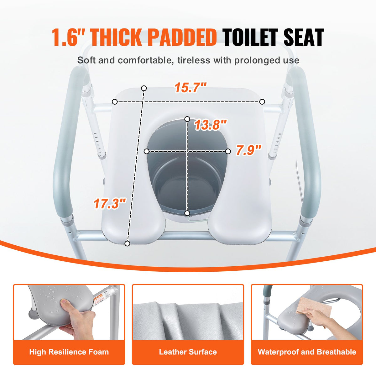 Commode Chair, Bedside Commode with Padded Seat and Arms, 7-Level Adjustable Height, 5.8L Removable Bucket, V952-WLLGS350BLRZ8J6E0V0