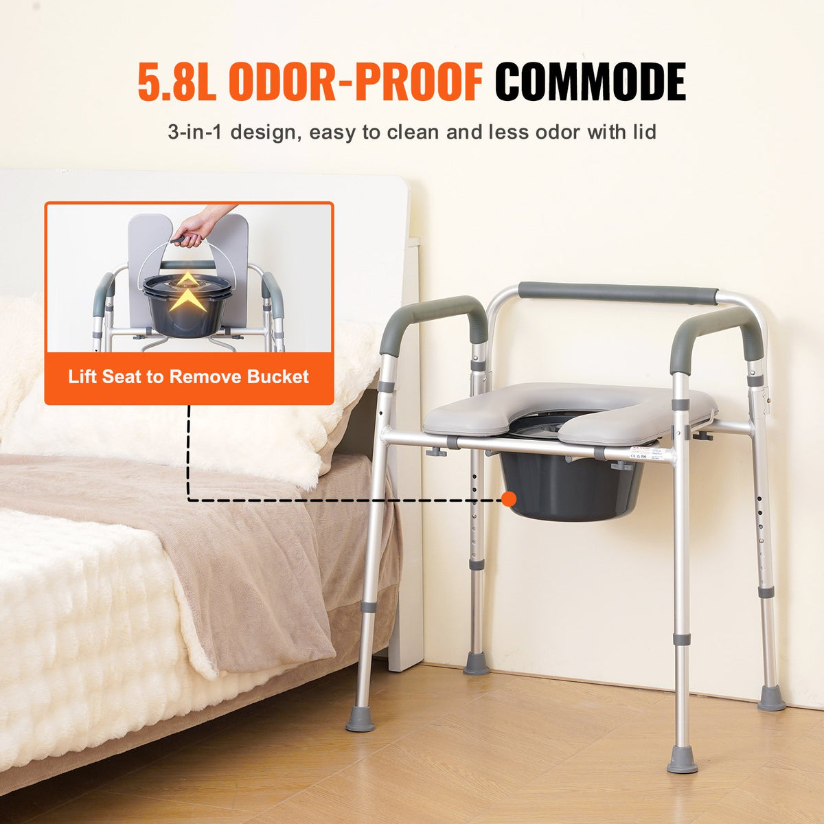 Commode Chair, Bedside Commode with Padded Seat and Arms, 7-Level Adjustable Height, 5.8L Removable Bucket, V952-WLLGS350BLRZ8J6E0V0