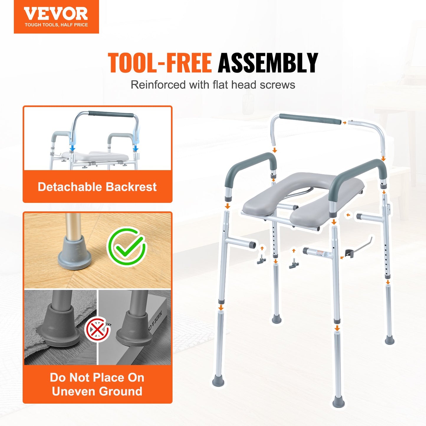 Commode Chair, Bedside Commode with Padded Seat and Arms, 7-Level Adjustable Height, 5.8L Removable Bucket, V952-WLLGS350BLRZ8J6E0V0