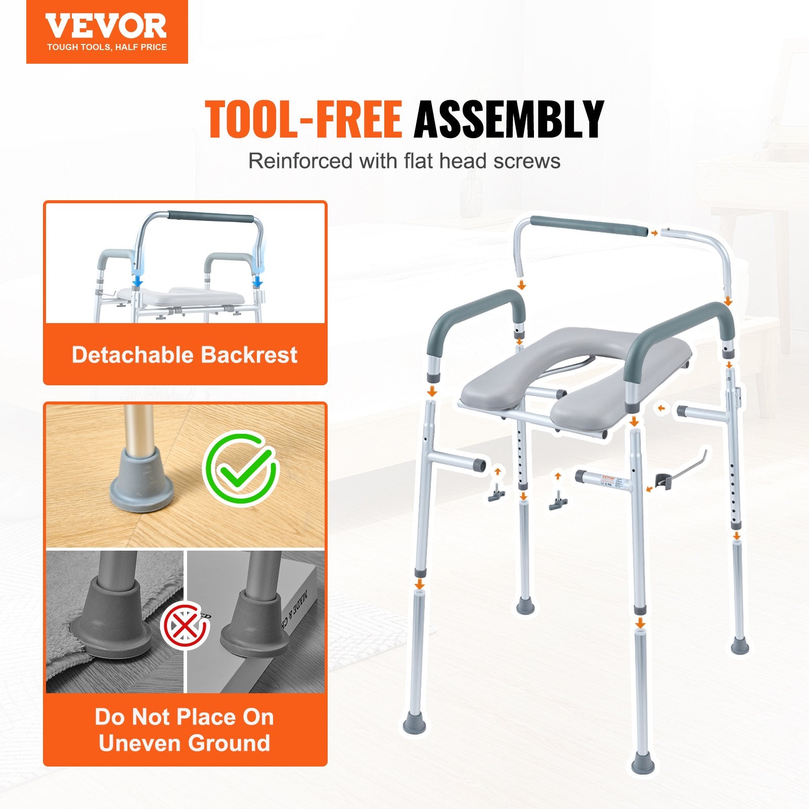Commode Chair, Bedside Commode with Padded Seat and Arms, 7-Level Adjustable Height, 5.8L Removable Bucket, V952-WLLGS350BLRZ8J6E0V0