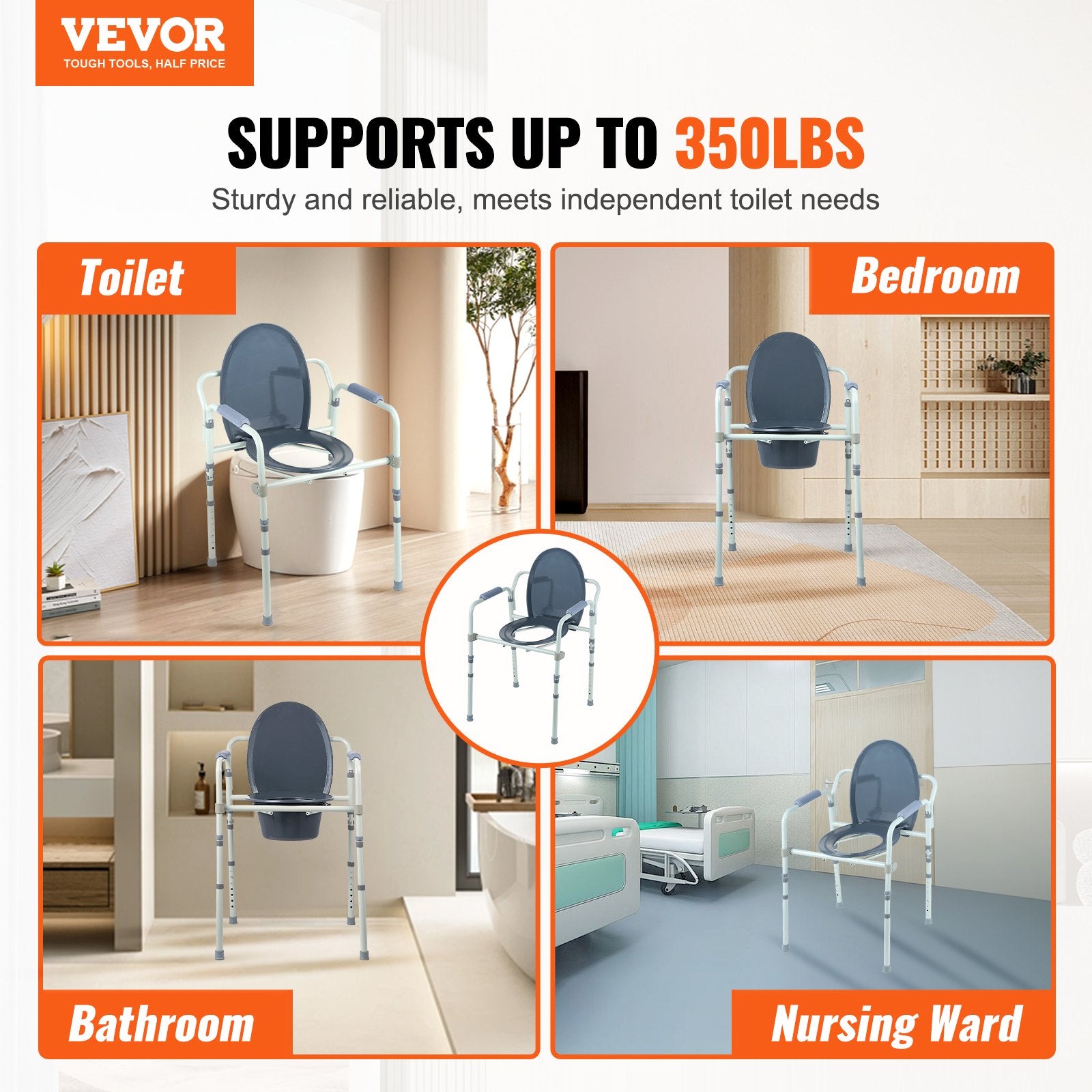 Commode Chair, Bedside Commode with Wider Toilet Seat, 7-Level Adjustable Height, 5.8L Removable Bucket, Easy V952-WLLGSGMTZQSZUX19CV0
