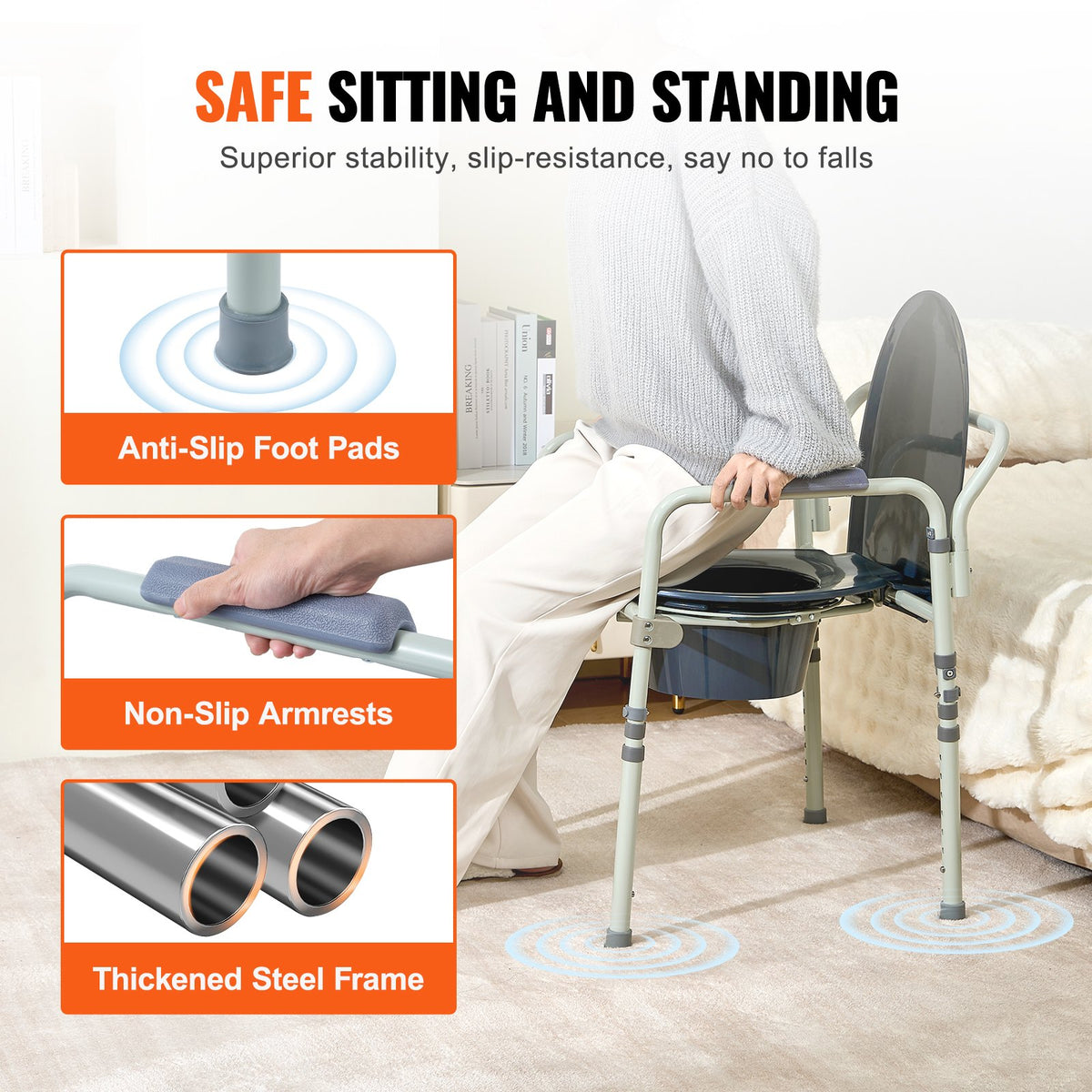 Commode Chair, Bedside Commode with Wider Toilet Seat, 7-Level Adjustable Height, 5.8L Removable Bucket, Easy V952-WLLGSGMTZQSZUX19CV0