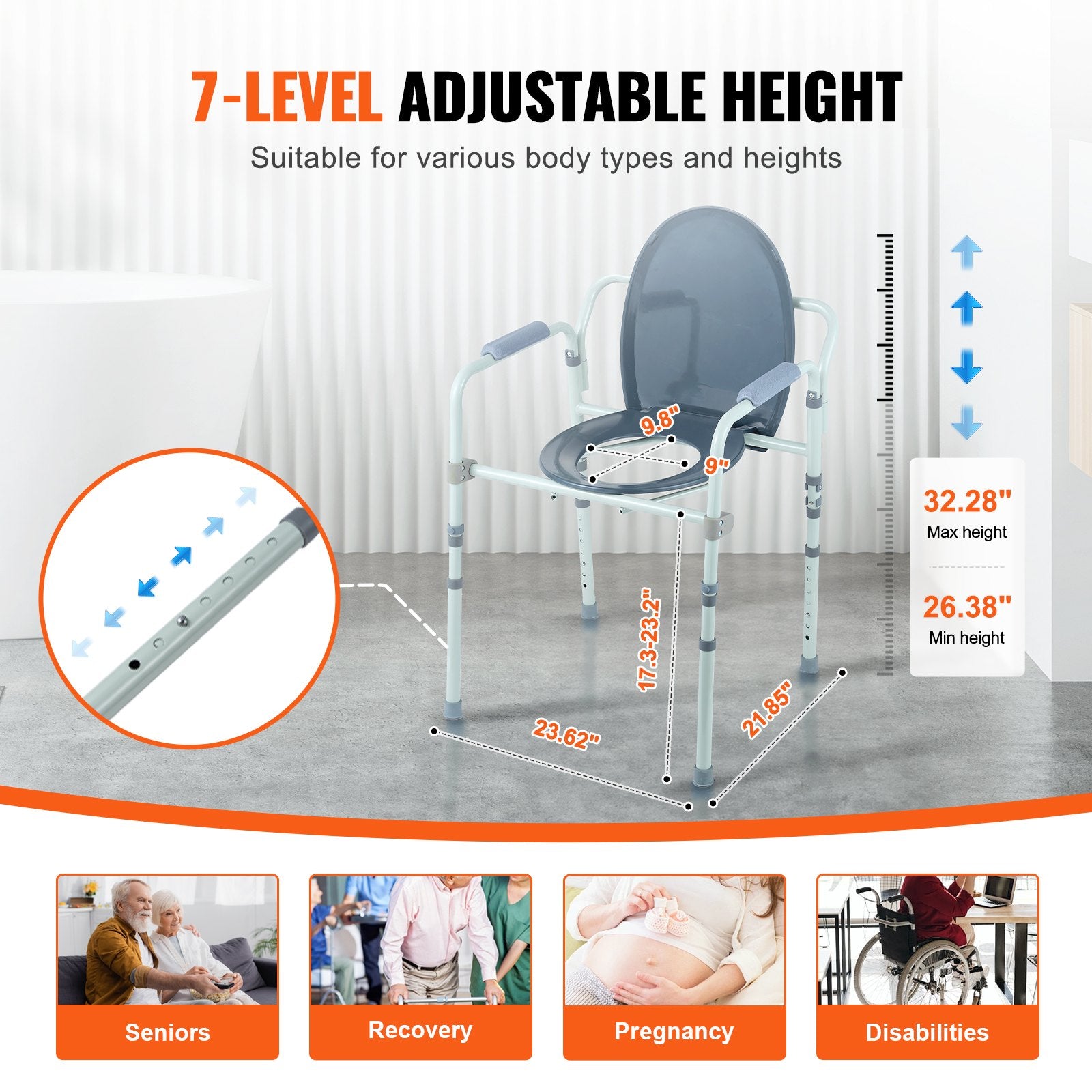 Commode Chair, Bedside Commode with Wider Toilet Seat, 7-Level Adjustable Height, 5.8L Removable Bucket, Easy V952-WLLGSGMTZQSZUX19CV0