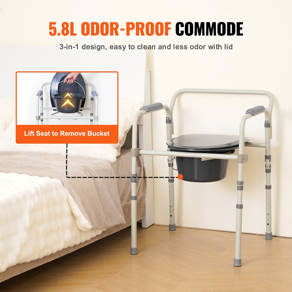 Commode Chair, Bedside Commode with Wider Toilet Seat, 7-Level Adjustable Height, 5.8L Removable Bucket, Easy V952-WLLGSGMTZQSZUX19CV0
