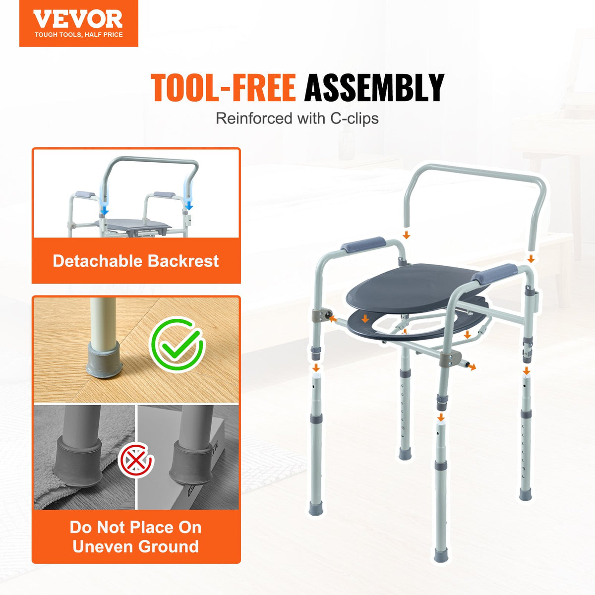 Commode Chair, Bedside Commode with Wider Toilet Seat, 7-Level Adjustable Height, 5.8L Removable Bucket, Easy V952-WLLGSGMTZQSZUX19CV0