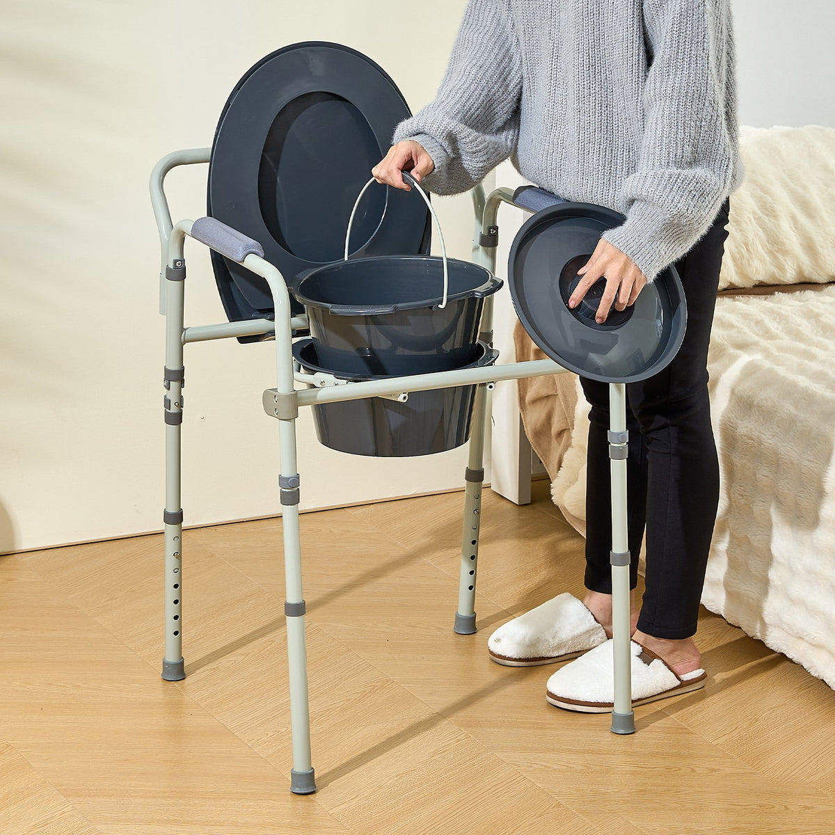 Commode Chair, Bedside Commode with Wider Toilet Seat, 7-Level Adjustable Height, 5.8L Removable Bucket, Easy V952-WLLGSGMTZQSZUX19CV0