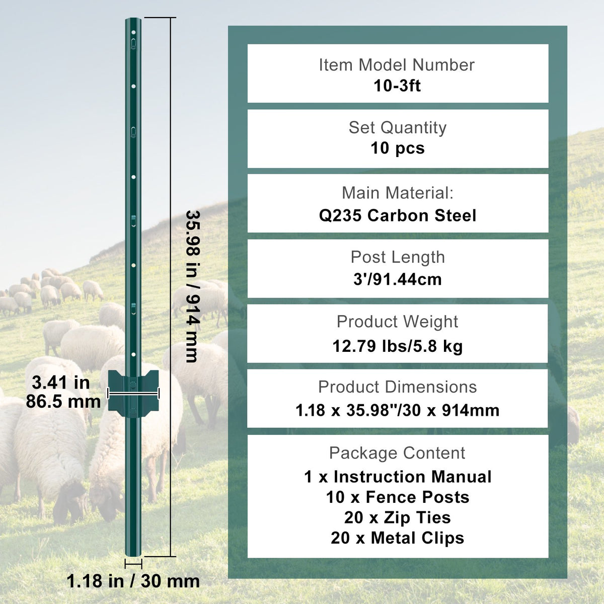3 Feet Fence Post, 10 Pack U-Channel Heavy Duty Metal Fence Posts, Sturdy Steel Fence Stakes for Garden Yard, V952-WLLZJSK3YC10X2TT5V0