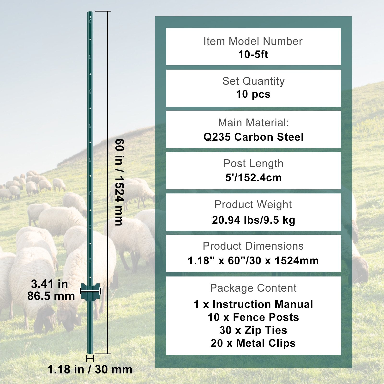 5 Feet Fence Post 10 Pack T-Post Heavy Duty Metal Fence Posts Green V952-WLLZJSK5YC10LFG33V0