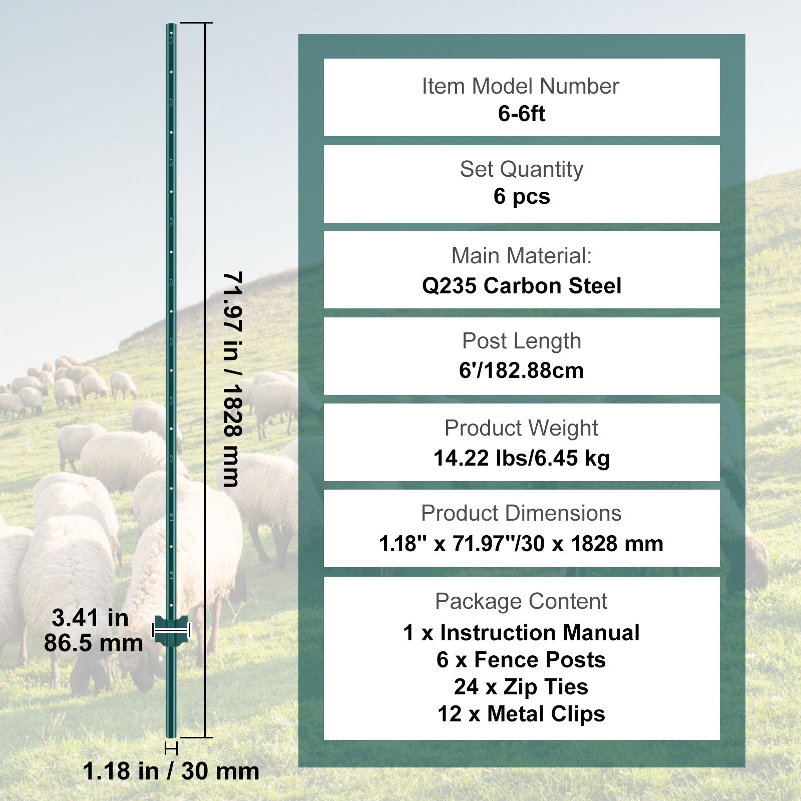 6 Feet Fence Post 6 Pack T-Post Heavy Duty Metal Fence Posts Green V952-WLLZJSK6JZ6Y7M4FOV0