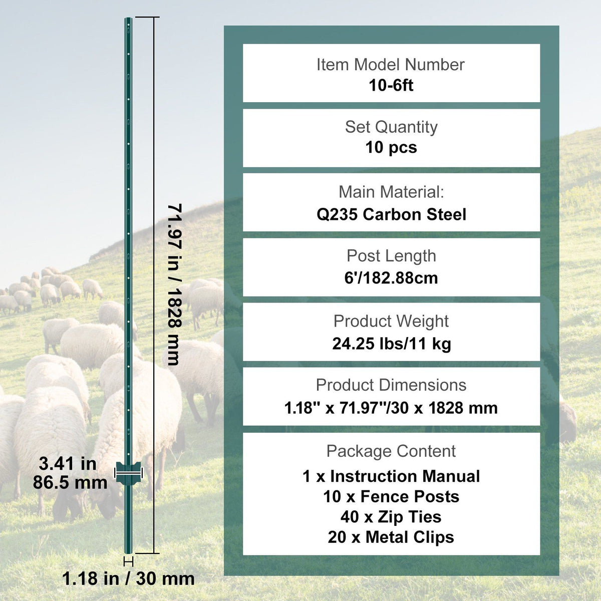 6 Feet Fence Post, 10 Pack U-Channel Heavy Duty Metal Fence Posts, Sturdy Steel Fence Stakes for Garden Yard, V952-WLLZJSK6YC10EWSGIV0