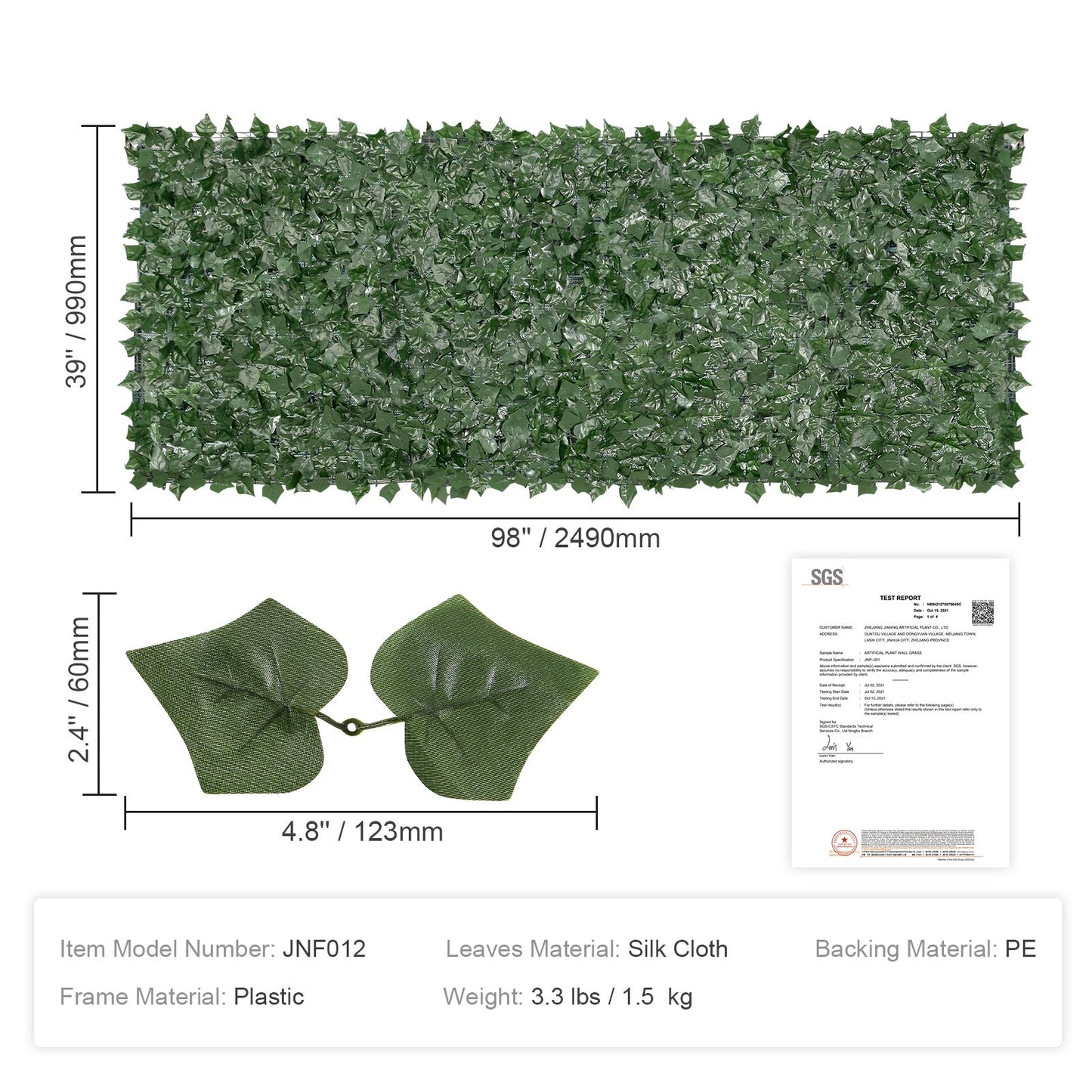 Ivy Privacy Fence, 990 x 2490 mm Artificial Green Wall Screen, Greenery Ivy Fence with Mesh Cloth Backing and V952-WLSRZZWQ1J391EPVKV0